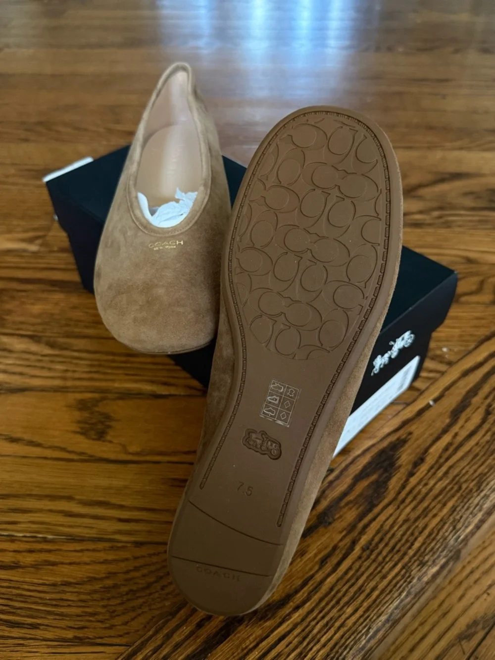 COACH Suede Ballet Flats in Tan with Gold Logo - Picture 3 of 5